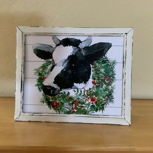 Farmhouse Christmas cow & wreath picture 8x10 w/frame